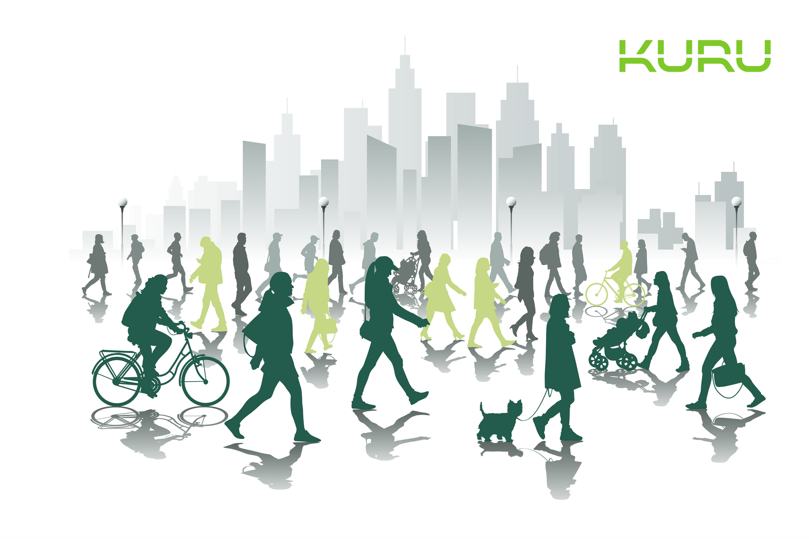 Illustrated image of many people walking in front of a cityscape.