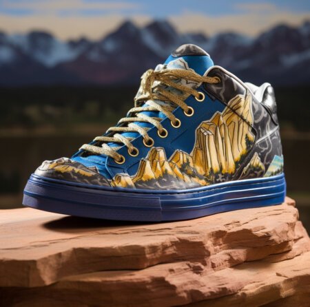 A blue high top sneaker with mountains on the side, sitting on a rock with mountains in the background