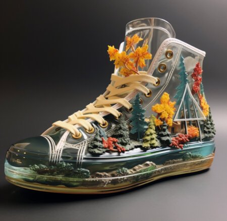 A clear high top shoe, with flowers on it, made by AI