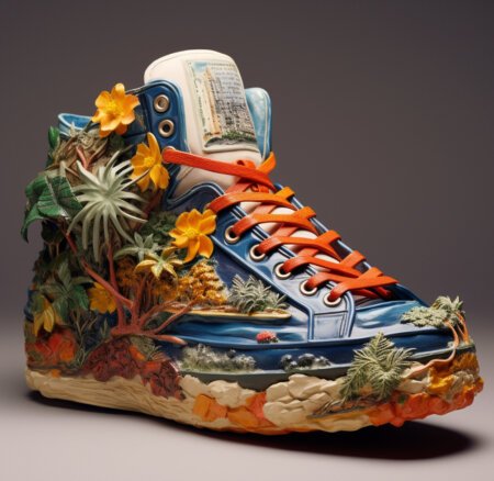 A chunky high top sneaker with beaches and palm trees on it, made by AI
