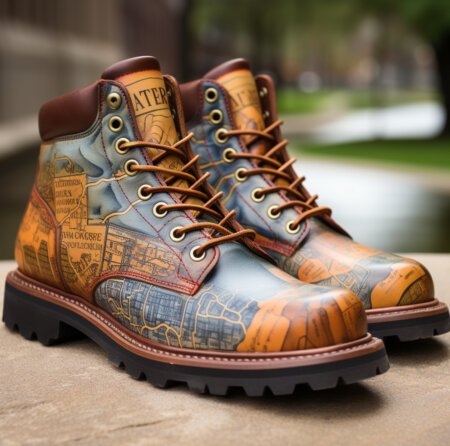 A pair of brown hiking boots, with cityscapes of Indiana on the shoes, made by AI