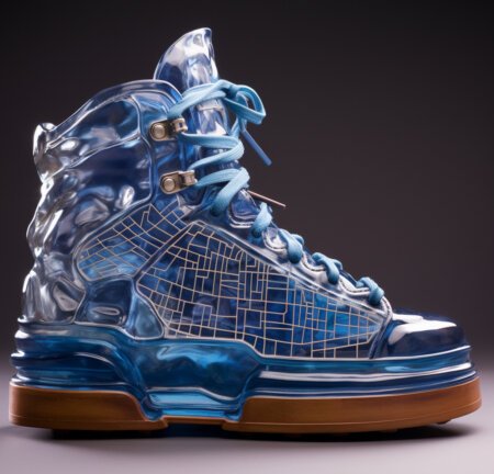 A chunky high top sneaker that's blue and transparent, with city maps on the sides, made by AI