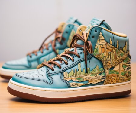 A chunky high top sneaker with drawn images of a city on the sides, made by AI