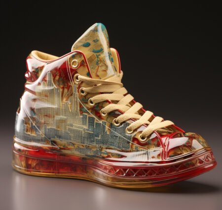 A clear high top sneaker with a cityscape of Omaha on the sides, made by AI