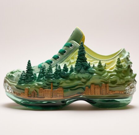 A green clog with forestry and trees on the side, made by AI