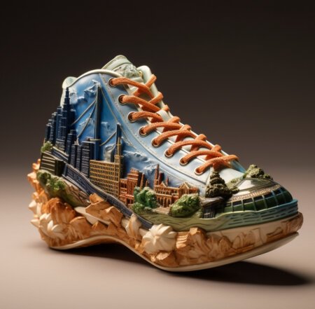 A high top chunky sneaker with rocks for the sole, and the cityscapes of Tacoma and Spokane on the sides, made by AI