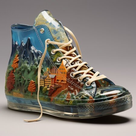 A chunky high top sneaker with forests and mountains on the sides, made by AI