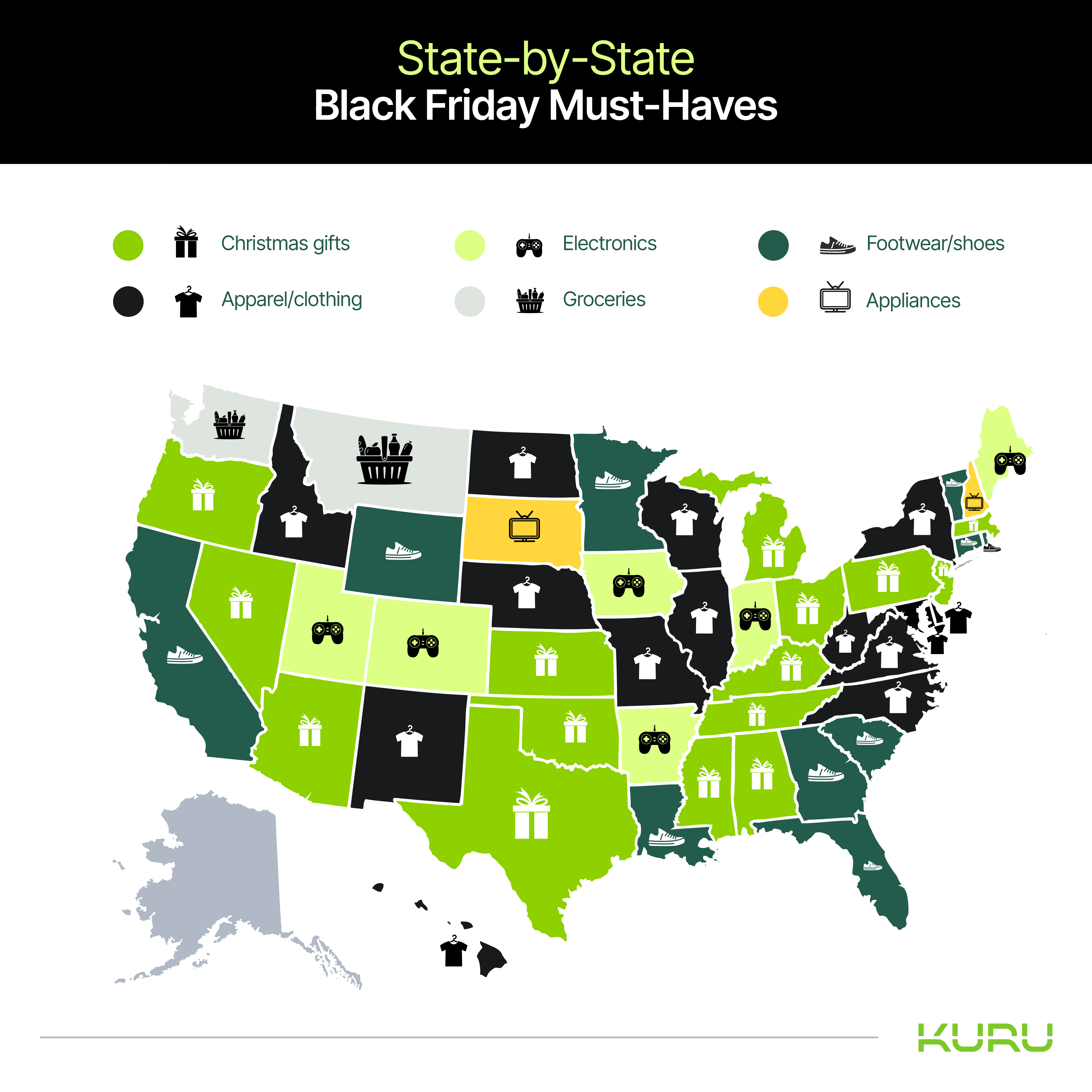 Map of the United States showing the top purchase in each state